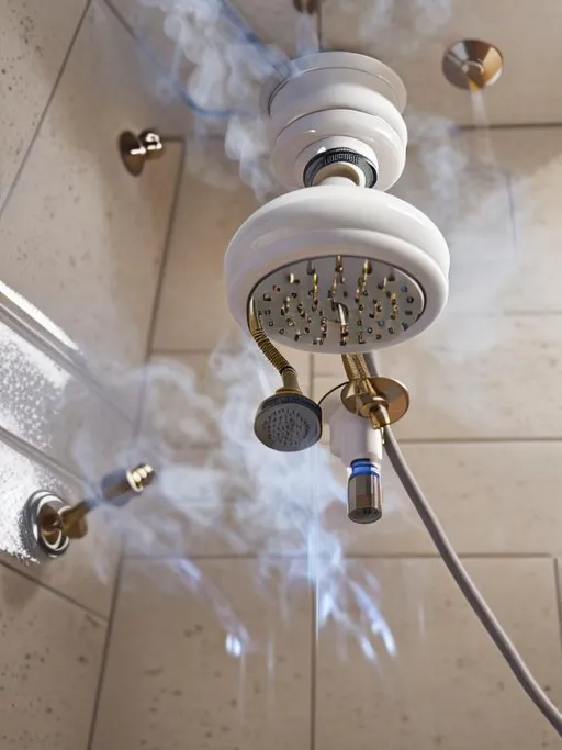 Prompt: Shower head, electric, exposed wires, sparks, short circuit, fire, smoke, danger, hyperrealistic.