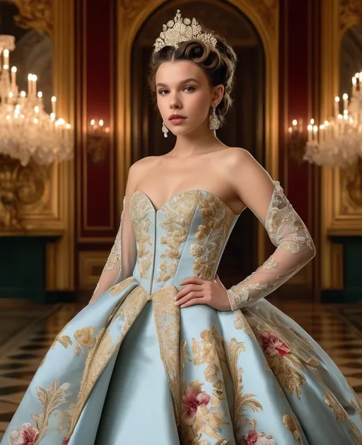 Prompt: Millie Bobby Brown in Rokoko Style, the main subject is a young woman who bears a striking resemblance to Millie Bobby Brown, She is seen in an opulent, Rococo-inspired mood painted by a blend of Artgerm and Rubens, breathtaking white rokoko updo hair, wearing an elaborate dress in vibrant winter colors. The dress is rich in architectural details and voluminous, adding to the grandeur of the image. This portrayal of the young woman is either a painting, showcasing her in an indoor palace setting. The background is teeming with an abundance of intricate and ornate elements, further accentuating the luxurious ambiance. The description aims to convey the exceptional quality of the image, capturing the viewer's attention through its extraordinary attention to detail and the lavishness it exudes.