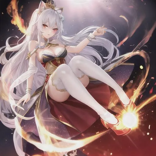 Prompt: young woman, queen, crown, slender, white hair, cat ears, red eyes, angry, full body, fire, ice
