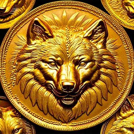 Prompt: Photo of large heavy gold coin, zoomed out shot, with intricately detailed 2d wolf face, finely detailed wheat grains, gold leaves, on side, professional, soft light, studio light, rich colors, vibrant, deep tones, with textured raised edge, proof condition, pearly shine, antique, volumetric lighting, in a dark room, museum light, highly detailed, 64k, UHD, unreal engine, high octane, artstation, instagram, perfect composition, symmetric, on red velvet table