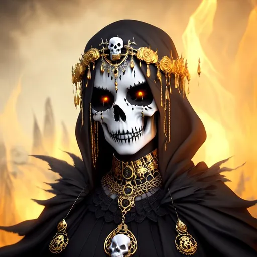Prompt: Scary, horror, fantasy, ominous, cinematic, 3D, HD, {waxy}Skull, gold silver jade black, mist, expansive nightmarish background, hyper realistic, 8K --s98500