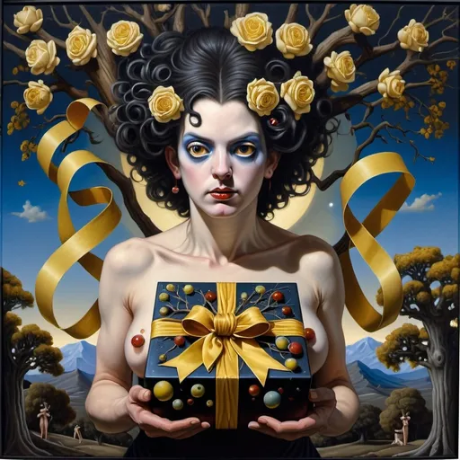 Prompt: A 7 Wonders Art Glass Studio fine art painting honoring Nuit.  a painting of a man standing in front of a tree with 100 yellow ribbons on it to the song Tie A Yellow Ribbon Around The Old Oak Tree” and a yellow ribbon in the shape of a tree, Brad Kunkle, neoplasticism, dystopian art, a fine art painting