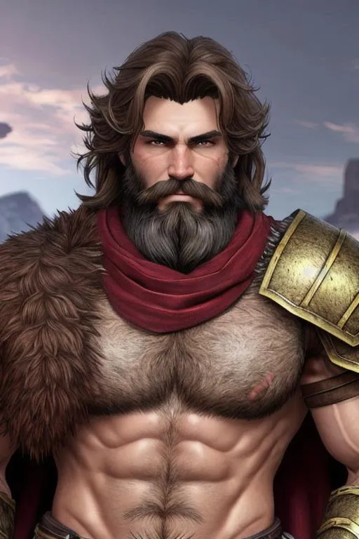 Prompt: male warrior fantasy character, rugged looking, strong musculature, very hairy, short wavy hair and short trimmed beard, armor, crimson clothing. 