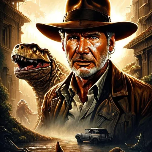 Prompt: ultra realistic illustration, incredibly detailed Harrison Ford face, {{Indiana Jones being chased by a T-Rex}}, intricate, elegant, highly detailed, digital painting, artstation, concept art, smooth, sharp focus, illustration, art by artgerm and greg rutkowski and drew struzan