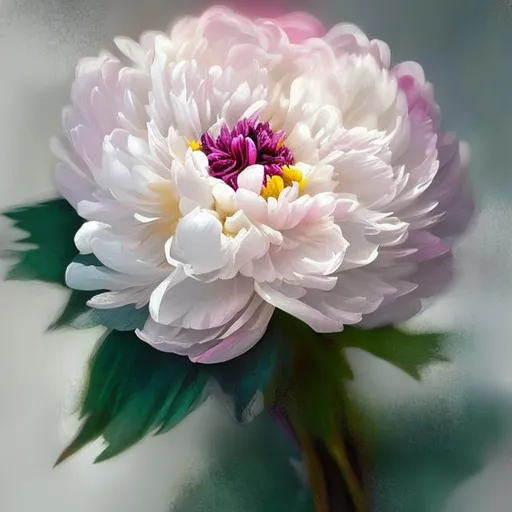 Prompt: PAEONIA  realystic impressionist style one flowers  white pink vintage style dark background 