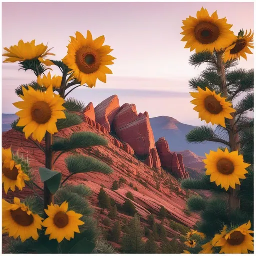 Prompt: top of a mountain, red rocks, pink pine trees, sunflowers.