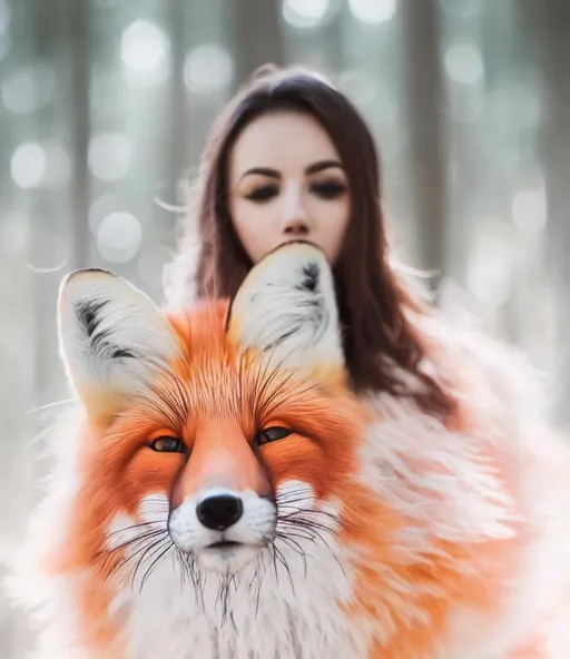 Prompt: colour splash photo of a fluffy unreal fox, big eyes dark eyes, voluminous lighting, ethereal forest afternoon glow, blurred background, ef 70mm Canon