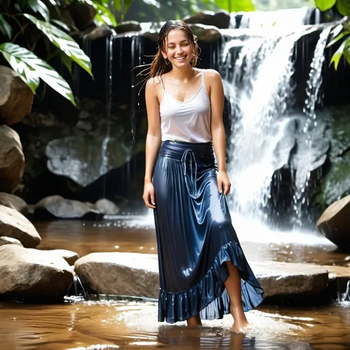 Prompt: photo of young woman, soaking wet clothes, Sandals, Maxi skirt, Satin shirt,  , Waterfall,   enjoying, water dripping from clothes, clothes stuck to body,  detailed textures of the wet fabric, wet face, wet plastered hair,  wet, drenched, professional, high-quality details, full body view , Smiling 