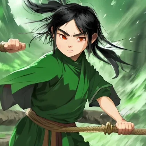 Prompt: Blind monk girl with black hair in green clothes. She is fighting in a fighting pit. Anime style