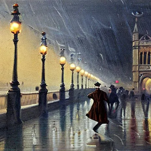 Prompt: painting, victorian gentleman running, on his own, westminster bridge, by william logsdail, night, street lamps, raining, westminster abbey, canvas, wide angle