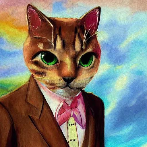 Prompt: A painting of cute cat wearing a suit, natural light, with bright colors, by Studio Ghibli