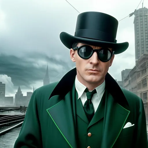 Prompt: Photography of 1960 (((the riddler))), with cane, bowler hat and sunglasses, sinister look, perfect focused subject, elegant and detailed green suit, in detailed apocalyptic Gotham City, hyperrealism, horror environment, red twilight, wires, tubes, pipes, ruins, wet, darkness, bat-signal projected into storm clouds, monochrome, retro, vintage, only one character, shot on Agfa Vista, clear facial features, cinematic, 35mm lens