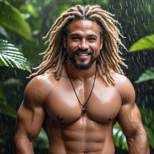 Prompt: long shot with a very handsome, middle-aged Afro-Latino hunky hairy chubby man with longer sandy brown curled dreadlocks, light eyes, thick pink lips, "hyperreal detailed face", calm smile, attractive pink lips, whole body in shot, rain forest, travel shot, soaked, detailed facial features, detailed locs, hyperreal, perfect composition, hyperrealistic, super detailed, 8k, high quality, sharp focus, studio photo, photography, natural light, intricate details, highly detailed, hyperrealistic, very long hair locs, soaked, real texture, full body portrait of "insolent" hypermasculine man ,with thick "hairy muscular thighs", wearing "tight shirt", manspreading, huge mooseknuckle, arena, perfect composition, hyperrealistic, super detailed, 8k, high quality, social media travel post, sharp focus, studio photo, intricate details, highly detailed,