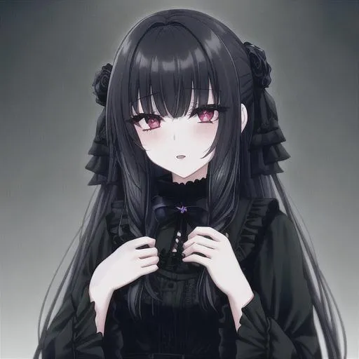 Prompt: A creepy goth girl with dark makeup standing in a mossy forest wearing a black dress with long flowy sleeves hands behind her back She looks like something out of a Japanese horror tale with a black flower in her hair 