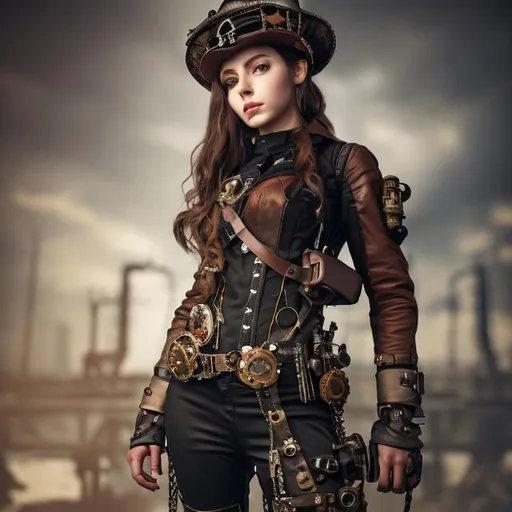 Prompt: realistic photo of a steampunk female a cap on her head with a black trousers with buckles, hight resolution film still, 8 k, HDR colors, cosplay, studio lighting, realistic face
 

