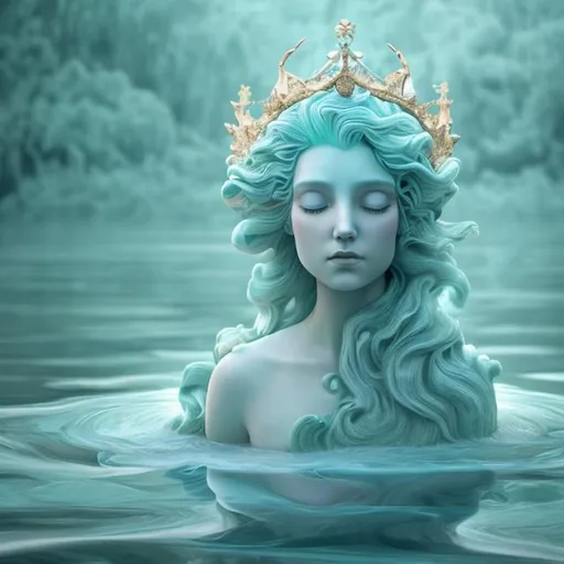 Prompt: a serene blue lady with hair made of seafoam wearing a crown she is standing in the middle of a  still 
river. 