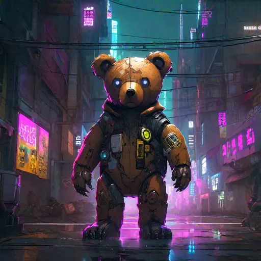 Prompt: teddy bear in a cyberpunk city, cyberpunk, artstation, award winning, 