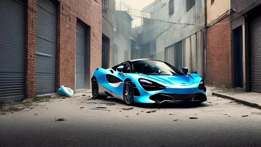 Prompt: McLaren 720s in light blue, in a dark forgotten trash filled alley way, no light coming in, with trash flying around, in the crack of dawn