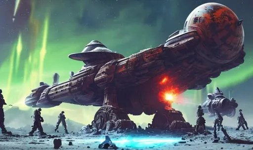 Prompt: broken ancient huge old rusty spaceship getting discoverd by space men and robots dead city  ruin sparks fire welding people working red blue aurora many colours  enhance detail symmetrical ship laser warzone dead body's on ground gun fight pew pew