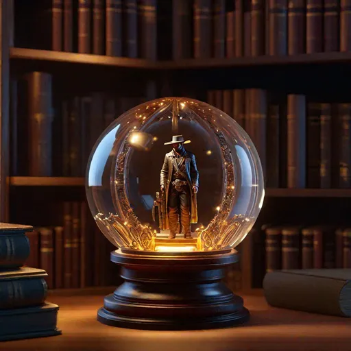 Prompt: "A beautiful miniature cowboy gunslinger trapped inside a glass orb on wooden bookshelf - 8k resolution concept art hyperdetailed Unreal Engine hyperrealism resin cast Middle-Earth beautiful mysterious photorealistic hyperdetailed intricate geometric flickering light entangled Symmetry"