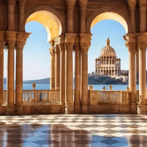 Prompt: Summer court from court of Thornes and roses with Golden palce in arabic and Roman  architecture and big windows with Sea view