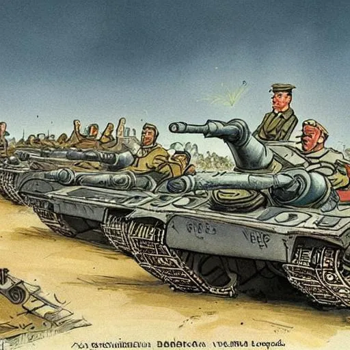 Prompt: The Russo-Ukrainian War but with the U.S tanks involved in the Ukrainian front lines as well cartoon