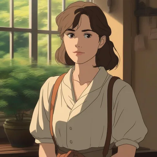Prompt: ghibli character based off of keira knightley, scene from a ghibli movie, studio ghibli, consistent lighting and mood throughout