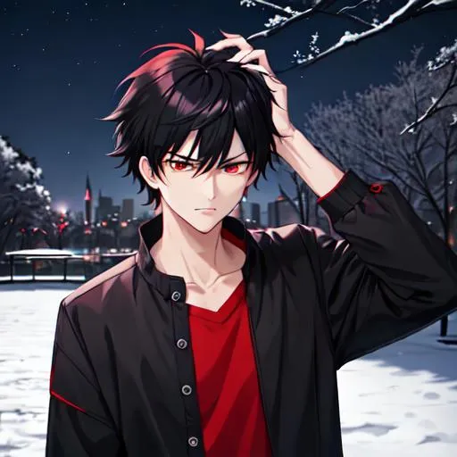 Prompt: Damien (male, short black hair, red eyes) in the park at night, casual outfit, dark out, nighttime, midnight, hands on his head, angry