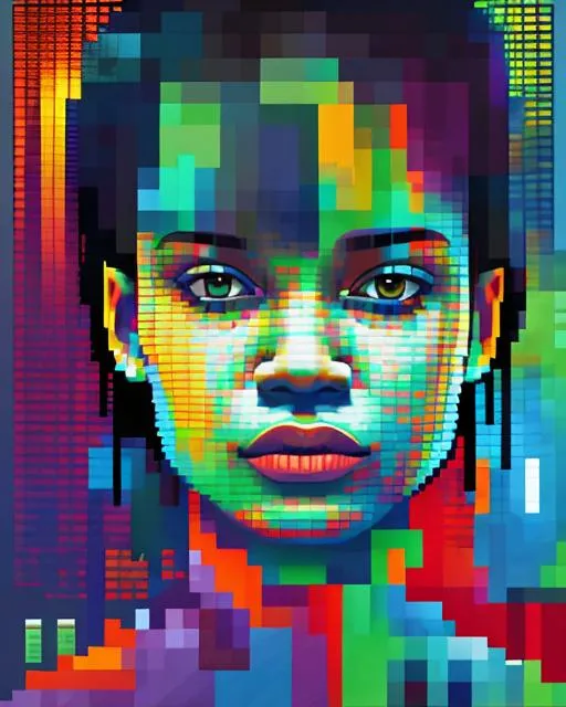 Prompt: A portrait of a person created entirely from pixelated geometric shapes in vibrant neon colors. 