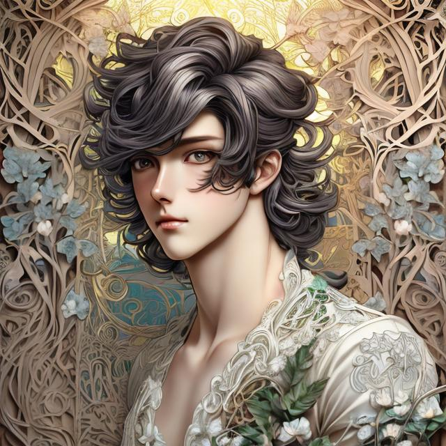 Image AI: Open Art: 3D anime illustration of  handsome boy in an Art Nouveau , ultra-detailed, art nouveau, 3D rendering, lush greenery, intricate floral patterns, flowing hair with delicate details, romantic atmosphere, professional quality, vibrant colors, soft lighting, beautiful characters, handsome male lead, detailed anime eyes, elegant design