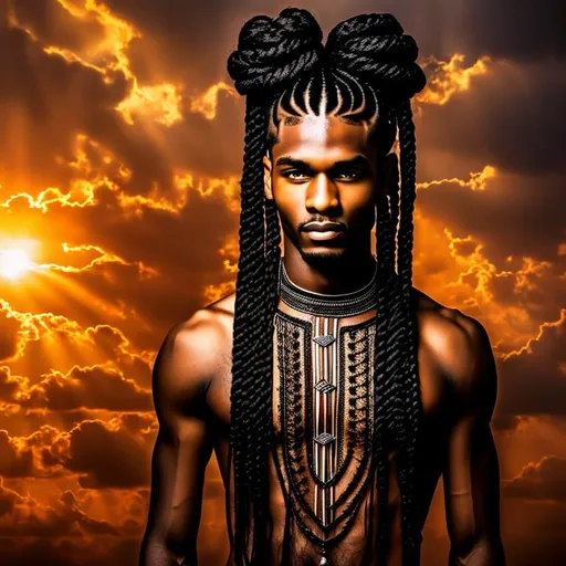 Prompt: Standing Beautiful braided long hair black man holding above his head beautiful black woman with long braided hair, ankh tattoo , love atmosphere
