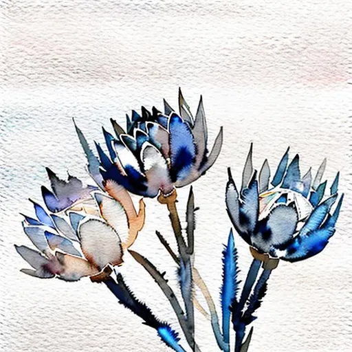 Prompt: A minimalist watercolor painting of black & blue proteas floating on an empty white background. Only the outlines and most basic details of the flowers are visible through faint, delicate brush strokes. The word Pretoria is blended into the image with the same color as the flowers.