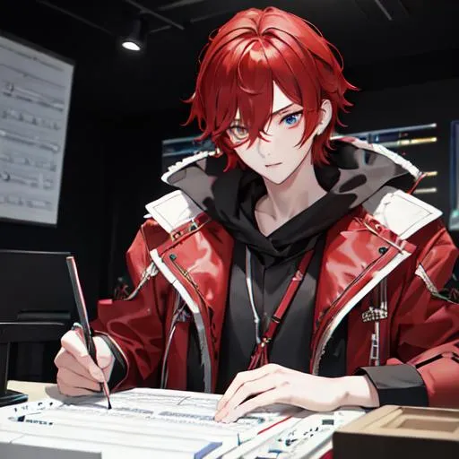 Prompt: Zerif 1boy (Red side-swept hair covering his right eye) as a young adult composing music, UHD, 8K, highly detailed, 