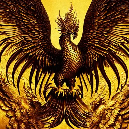 Prompt: Golden Phoenix with its imposing appearance, confidence, courage, occult atmosphere