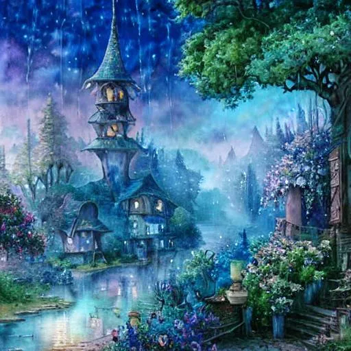 Prompt: Watercolor, wet on wet , sunrise, petals rain, watercolor patchwork landscape village art by Daniel Merriam, Josephine Wall, Jeremy Lipkin,  Alayna Danner, holographic reflection, glossy, wet, shimmer, cinematic smooth, super clear resolution,  intricate, highly detailed, A beautiful painting of a fantasy forest, digital art, lots of detail, 4k, ultra HD, modern city street and buildings, New York City