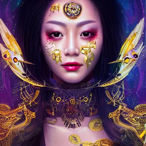 Prompt: Professional painting of a beautiful  asian woman,intricate details, face, portrait, , illustration, UHD, 4K Apocalypse War, Ultra tecnology, Dark future, golden robots , purple moonlight background