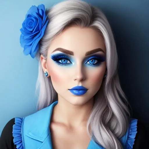 Prompt: A woman all in blue, blue eyes, pretty makeup, 