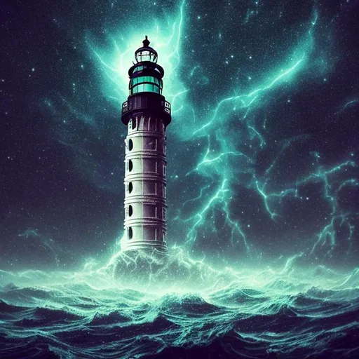Prompt: Haunting lost space lighthouse in huge dangerous astral storm