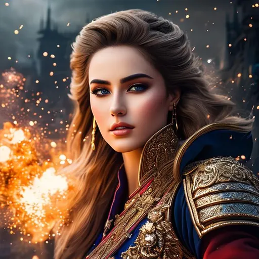 Prompt: create hig quality photograph of  beautiful female princes soldier with beautiful sunglasses on, explosion in background, extremely detailed face, extremely detailed environment, extremely detailed background, intricate, extremely detailed skin, natural colors , professionally color graded, photorealism, 8k, realistic, moody lighting, ambience lighting