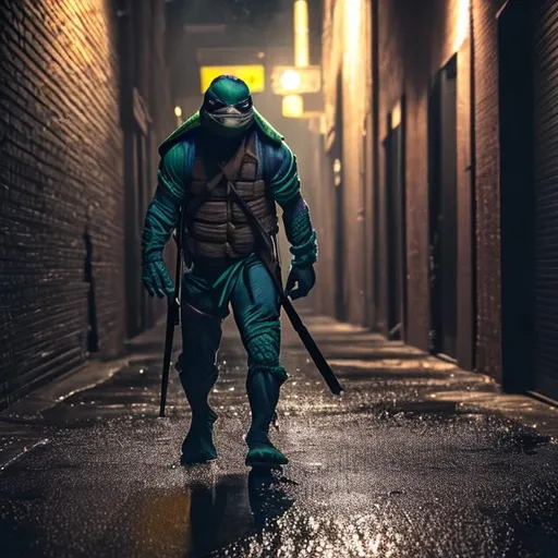 Prompt: Lone teenage mutant Ninja turtle with black mask in dark alley in the rain