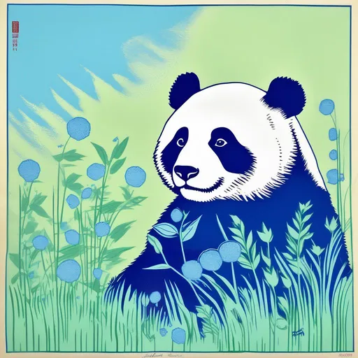 Prompt: A blue panda sitting in a field of weed farm and small green buds blowing through the wind, pastel colors , andy warhol , woodblock print by Hokusai