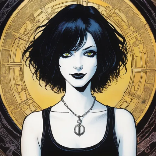 Prompt: Death from Neil Gaiman’s Sandman Comic, Depict a (young, youthful, cute and pleasantly content smiling 16-year-old girl), wearing silver ankh pendant, pale-skinned, slender young woman with dark, messy, shoulder-length hair. Her eyes should have a kind yet knowing expression. She wears a black tank top with simple, dark jeans, accessorized with a silver ankh pendant around her neck. Her lips are dark, contrasting with her pale complexion, and her overall style reflects a gothic aesthetic. Her demeanor should appear calm, welcoming, and slightly whimsical, exuding both warmth and mystery.