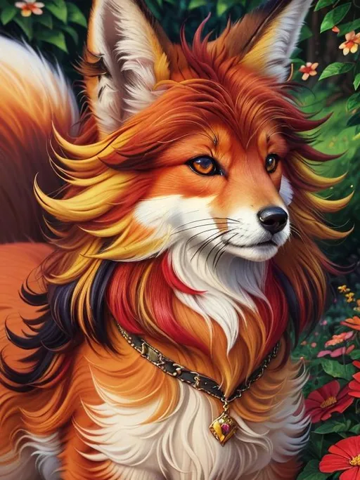Prompt: (3D, 8k, masterpiece, oil painting, professional, UHD character, UHD background) Portrait of Vixey, Fox and Hound, brilliant red fur, brilliant amber eyes, big sharp 8k eyes, sweetly peacefully smiling, enchanted garden, vibrant flowers, soft hyper realistic 8k fur, vivid colors, lively colors, vibrant, high saturation colors, flower wreath, highly detailed fur, highly detailed eyes, highly detailed defined face, highly detailed defined furry legs, highly detailed background, full body focus, mid shot, mid close-up, UHD, HDR, highly detailed, golden ratio, perfect composition, symmetric, 64k, Kentaro Miura, Yuino Chiri, intricate detail, intricately detailed face, intricate facial detail, highly detailed fur, intricately detailed mouth
