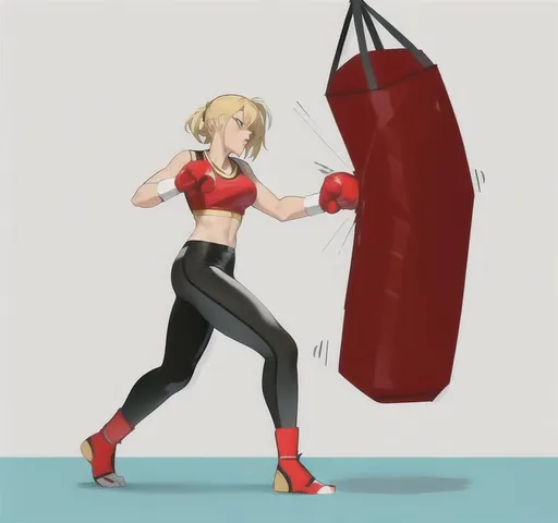 Prompt: punching bag punching, high quality, punching bag,Best quality, tall girl, (punching bag:1.2), master piece, leggings , muscle, blood, punching bag, latex ,ultra detailed, realistic, 4k, fight punching, open finger gloves ,anime style,punching fighting, beauty girl, pretty ,detailed face, punching bag smash 