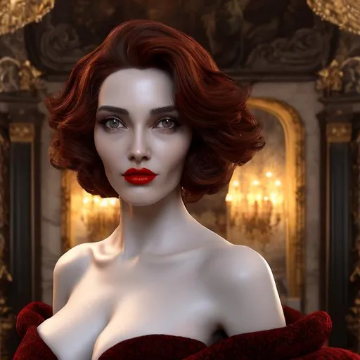 Prompt: 4k 3D professional modeling photo live action human woman hd hyper realistic cruella beautiful british woman right half hair white left half hair black fair skin brown eyes beautiful face red lips spotted fur coat and red dress luxury landscape hd background with live action mansion
