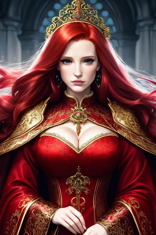 Prompt: {Mix of Jessica Chastain and Christina Hendricks}, high resolution face, high definition eyes, detailed eyes, long red flowing hair, wearing ornate robes, 8k, hypermaximalist, elegant, ornate, hyper realistic, anime, dramatic, digital painting, artstation, smooth, sharp focus, dark medieval castle, full body shot, high resolution, dungeons and dragons, frank frazetta style art, smoke, icy blue eyes