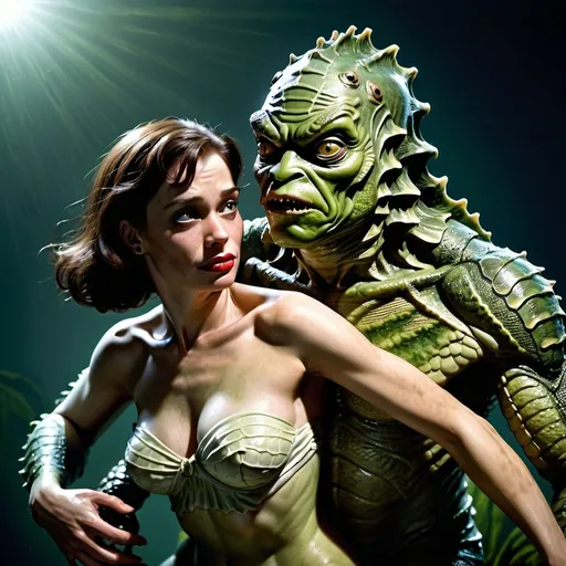 Prompt: male creature from the black lagoon monster, woman on his back, realistic skin texture, professional, highres, detailed, dramatic, rescue, urban, intense lighting, atmospheric, misc-macabre, intense scene, detailed scales, dynamic composition, dramatic shadows