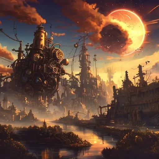 Prompt: steampunk, treasure planet,
 landscape, nature, sky
