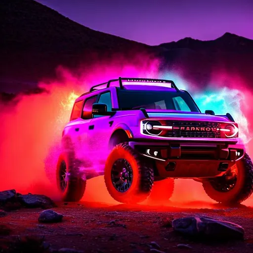 Prompt: A neon purple 2022 ford bronco with neon orange lights, parked on Rocky Mountains overlooking a bright and vibrant, orange, red, pink, and yellow sunset. There is also a kraken.