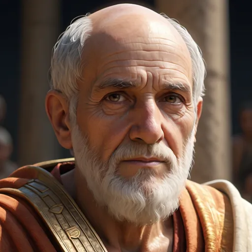 Prompt: create  A hyper-realistic, high quality, professional photographic image of an elderly ancient Greek priest of Apollo, age 75, very detailed realism in lighting highlights reflection off surfaces and moisture giving enhanced life-like realism to textures, 8k UHD high-definition  high-resolution photographic life-like portrait image,  ancient priest vestiments with gold highlights, taken with a 28mm short focal length, f/2.8 depth of field, 100 iso high quality macro-detailed film resolution. Dramatic lighting in a hazy diffused light beams cast high angle light with dramatic  high contrast soft lighting with deep shadows giving enhanced textures with vivid colors orange warm 1000.  A dreamy atmosphere gives a inspirational feel, spacious and expansive with extreme life-like realism in a dramatic dark noir style with an ancient temple of Apollo in the background...  Subject has short graying hair with ultra realistic texture, soft glow hair light. Dark brown eyes are hyper-realistic realistic with glistening reflective moisture highlights and reflects off eyes surface giving enhanced life-like realism to a soft glow in eyes brings out realism, 8k UHD  diffused light cast high contrast resolution with extreme life-like realistic glossy detail, soft glow reflection, eyes iris is 8k UHD ultra high-resolution realism with a faint glow. Sark olive skin tone wirh signs of aging is ultra realistic fine detailed, with moisture glistening on high resolution skin surfaces with 8k UHD ultra high definition on smooth skin.  forlorn look on his face .the subject has softbox umbrella diffused lighting at a side frontal high angle creating enhanced realism textures and dramatic high contrast with deep shadows. include a lyre